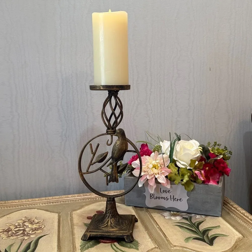 Bird & Leaf Design Brass Tone Finish Metal Candle Holder